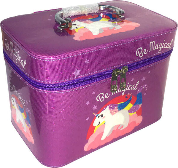 Kufřík dětský kosmetický set 3ks šperkovnice fialová jednorožec s ouškem na zip 3v1