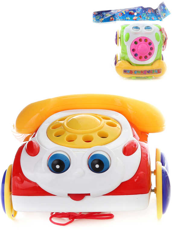 Baby telefon veselý tahací pískací 19cm pohybuje očima 2 barvy plast