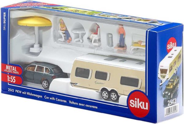 SIKU Auto Porsche Cayenne + obytný přívěs s doplňky model 1:55 kov 2542