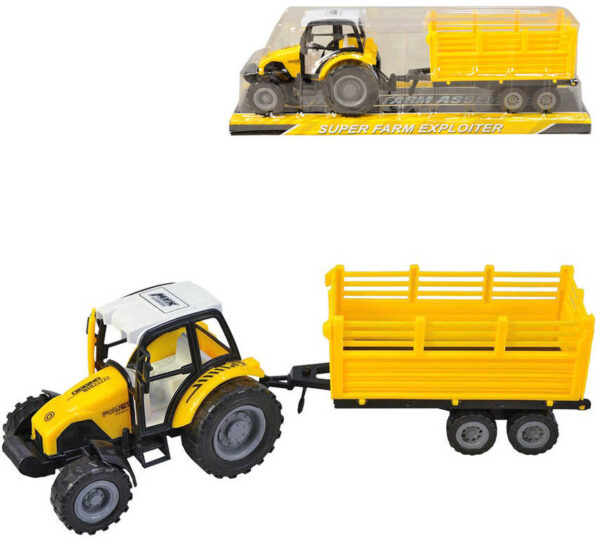 Traktor žlutý 15cm set s vlečkou na setrvačník plast v krabici