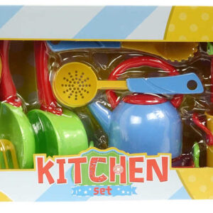 Dětské barevné nádobí plastové set s kuchyňskými nástroji v krabici