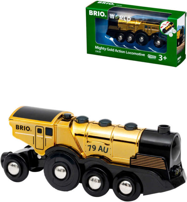 BRIO Mohutná zlatá akční lokomotiva 14cm volný chod / na baterie Světlo Zvuk