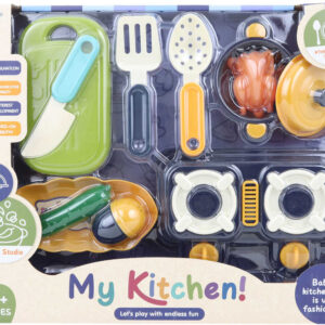 Nádobí dětské plastové set s vařičem a maketami potravin v krabici